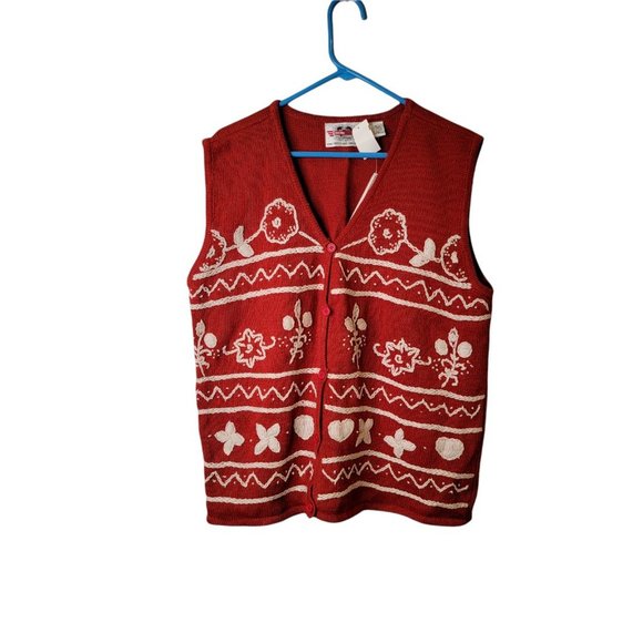 Vintage 90's Size 2X Women's Sweater Vest Burnt Orange Floral Embroidered Top - Picture 1 of 6
